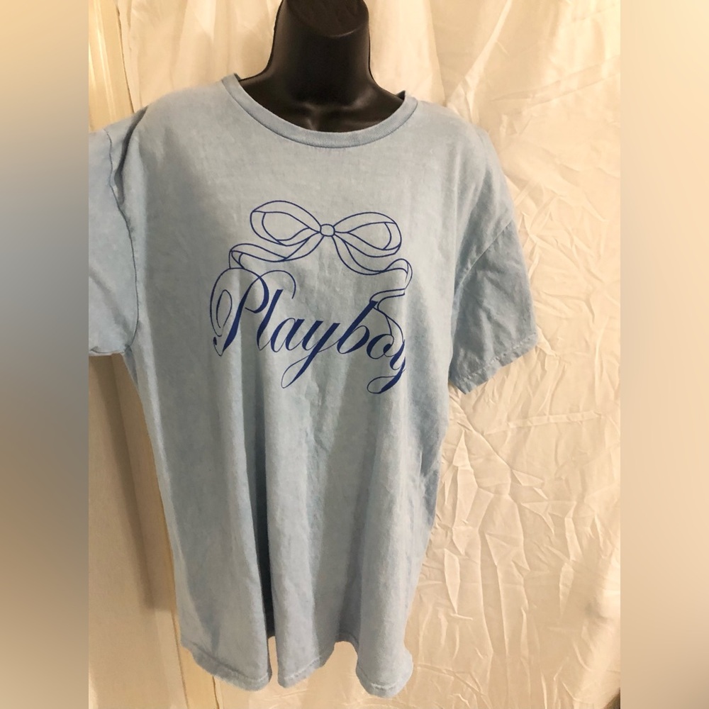 Playboy oversized blue bow graphic print 100% cotton tshirt size large brand new